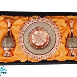 پک جفت گلدان و بشقاب مس و خاتم با جعبه چرم