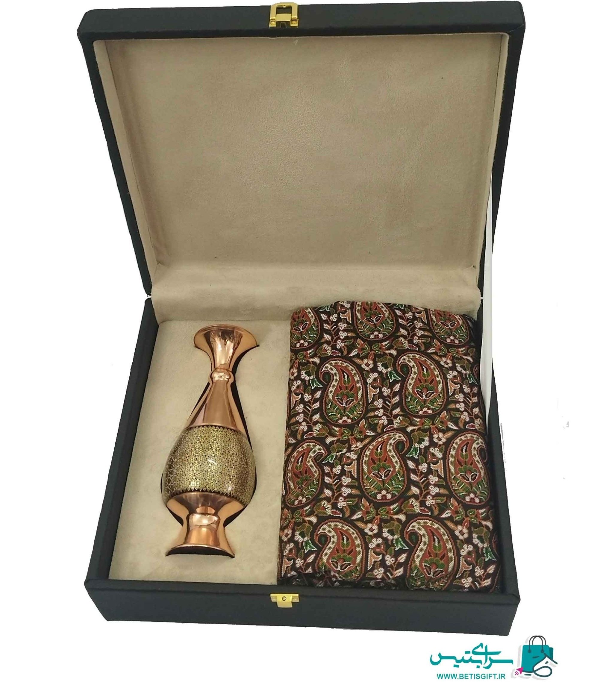 ست هدیه گلدان خاتم کاری اعلاء و رومیزی ترمه به همراه جعبه هدیه